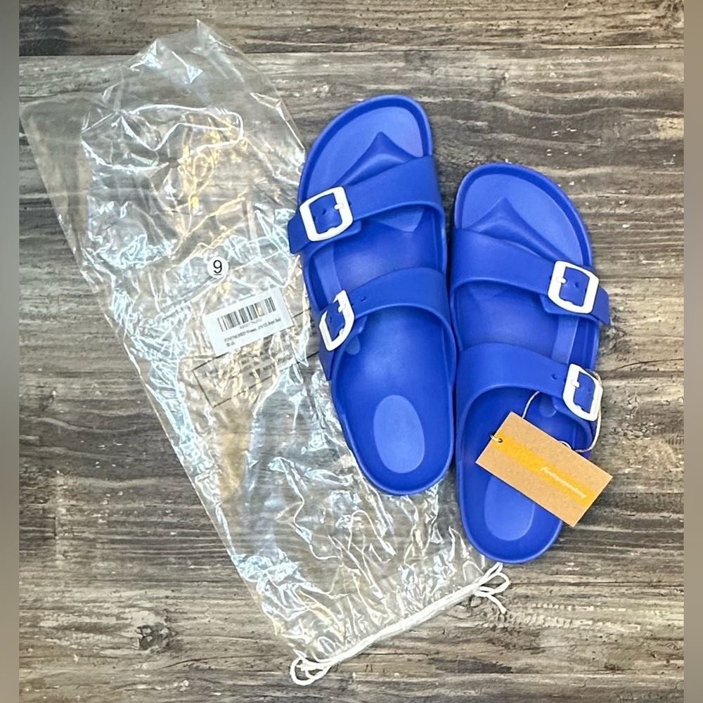 Bright‎ Blue Slide Sandals with White Adjustable Buckles Women’s 9 nwot